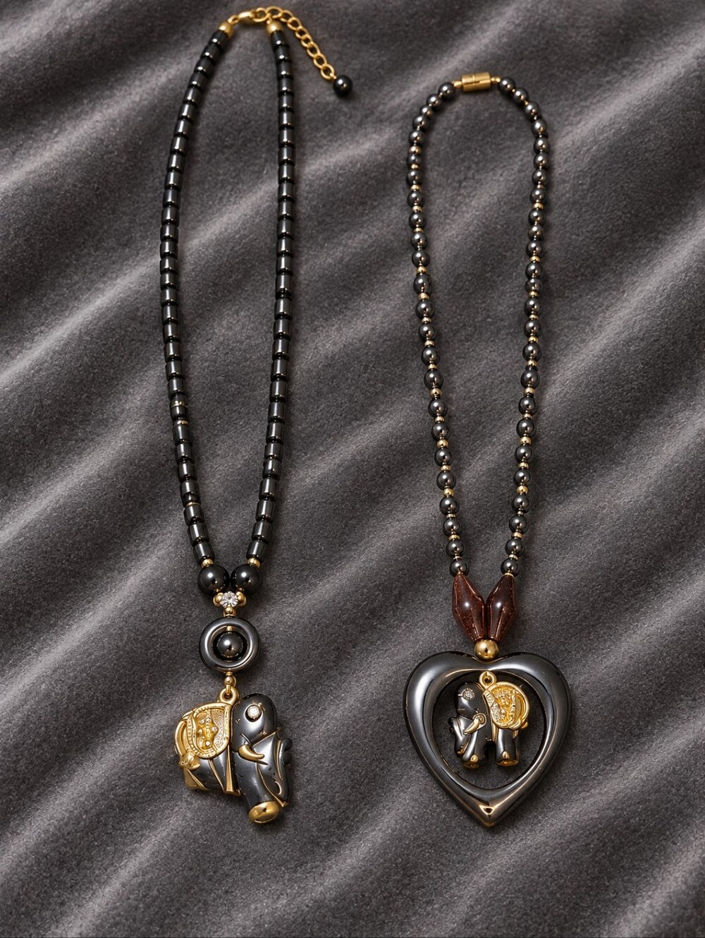 Vintage Hematite Elephant Pendant Necklace Set - Y2K Boho Indie Gold Accents CC